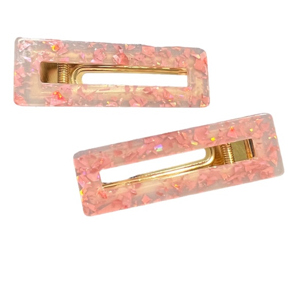 Hair Clips Two Piece Holographic Pink Hair Set Barrettes Beautiful Acrylic Resin - Picture 4 of 11